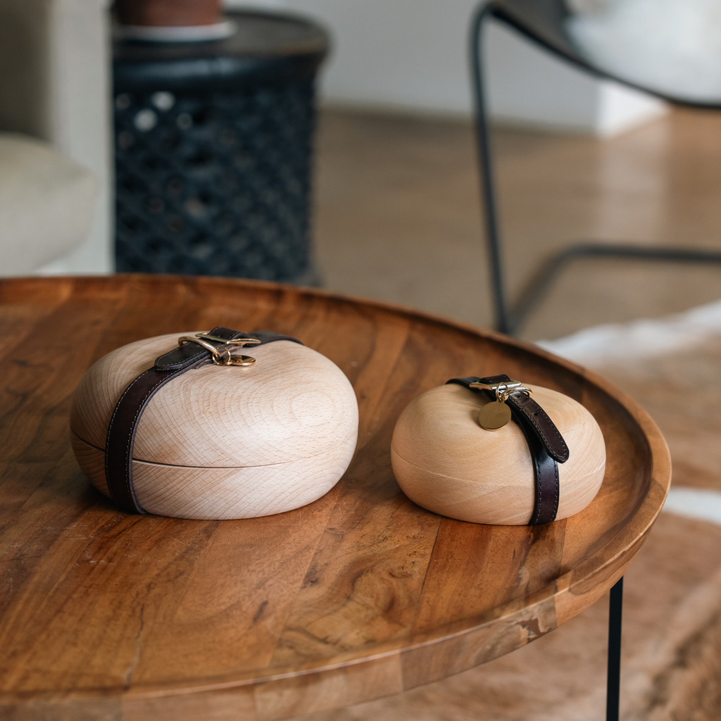 Round beechwood pet urn with leather collar — Rest By Me