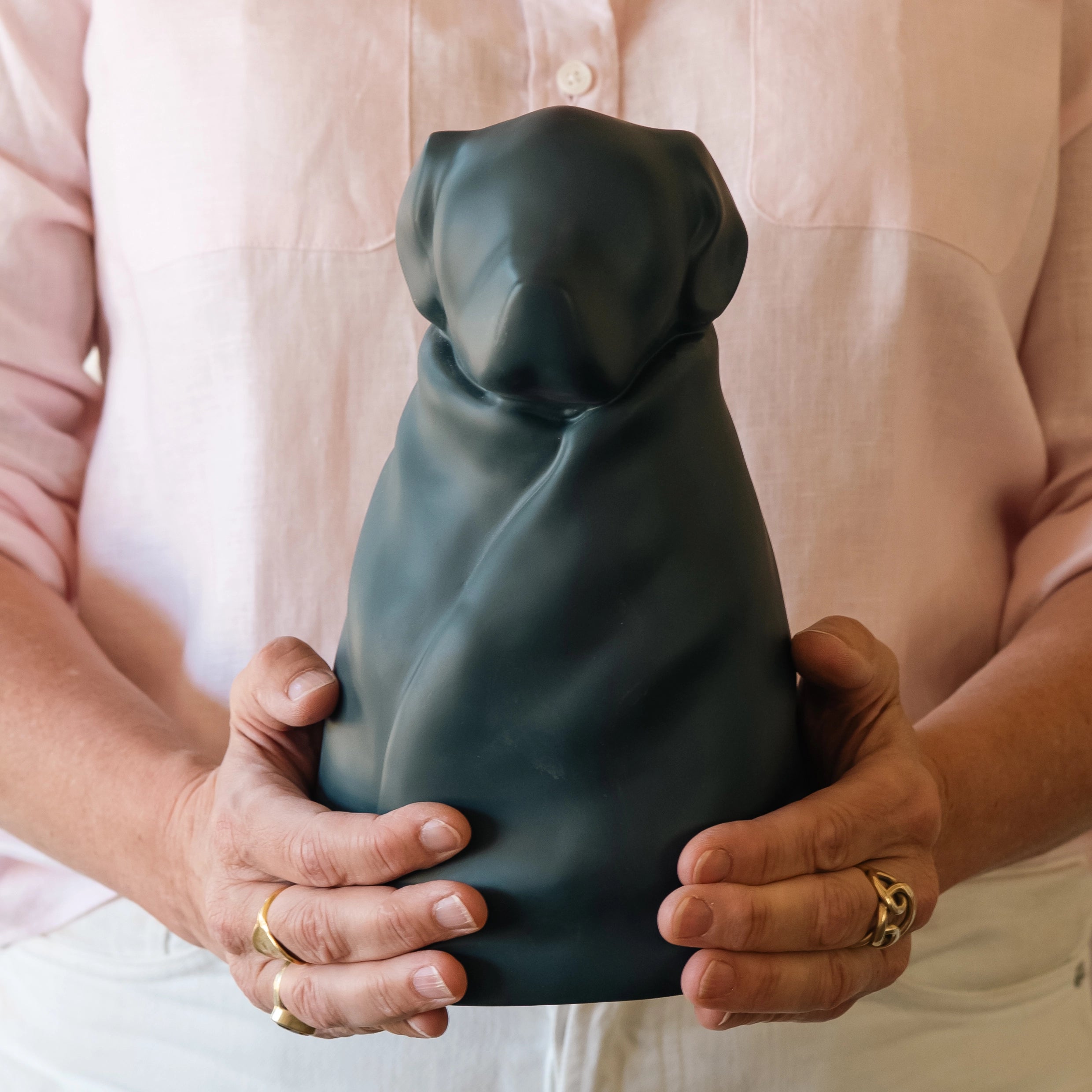 Blue resin dog in blanket memorial urn — Rest By Me