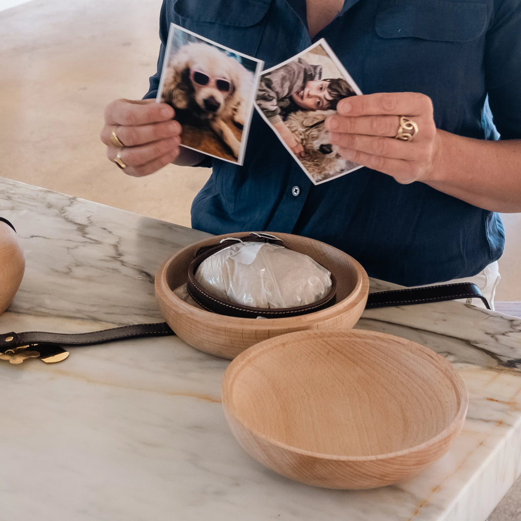 Round beechwood pet urn with leather collar — Rest By Me