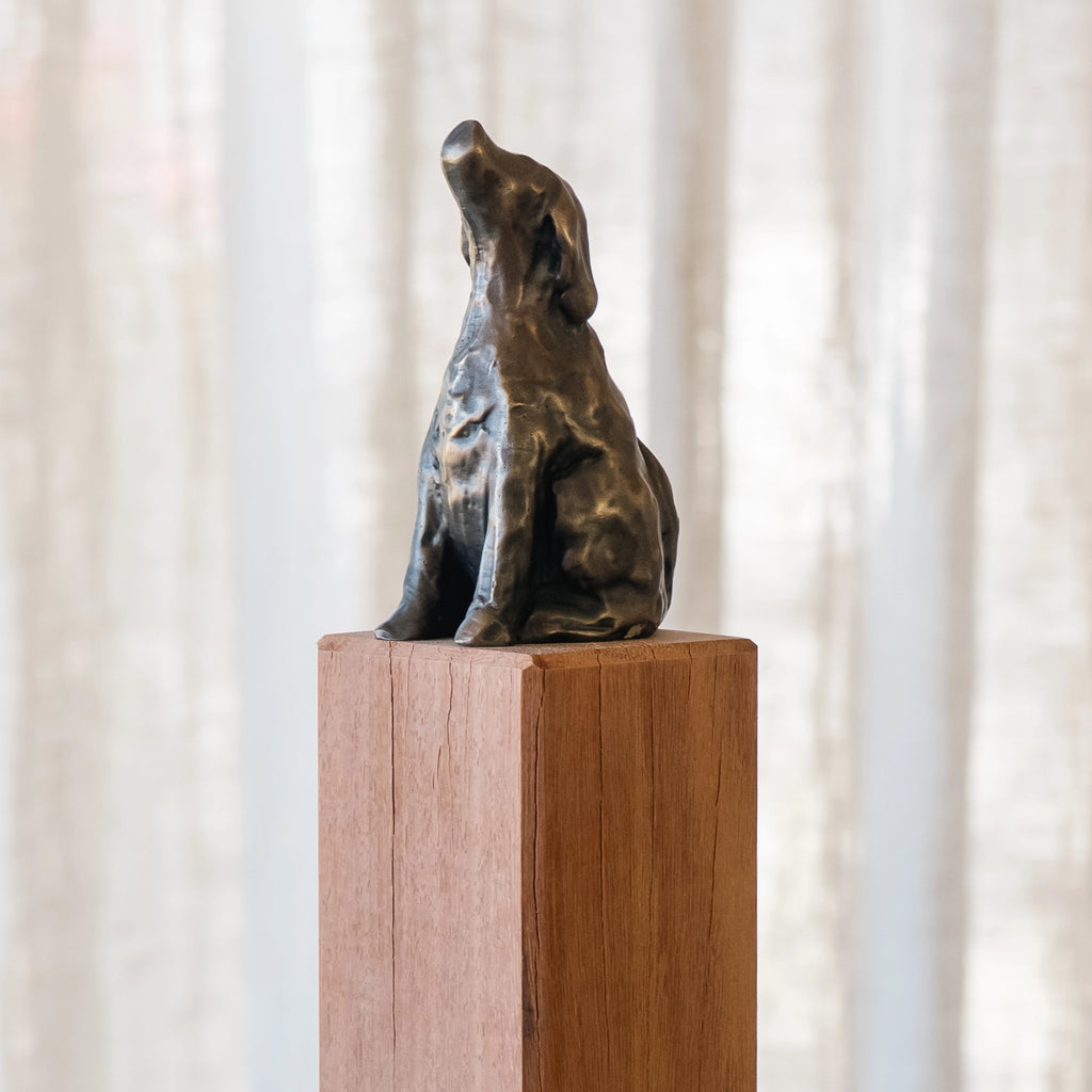 Bronze dog memorial figurine on post — Rest By Me